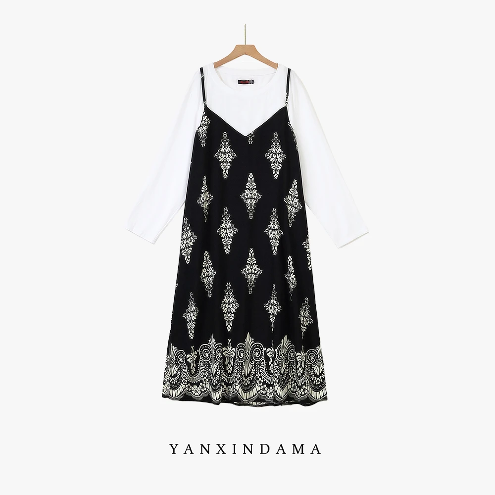 大码女装300斤胖MM气质印花圆领拼接长袖连衣裙1311