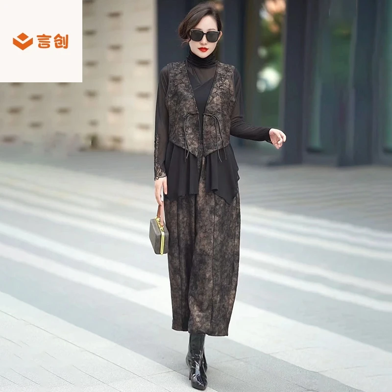 318套装无袖马夹加九分罗补裤两件套烫金提花新中式宽松百搭时尚