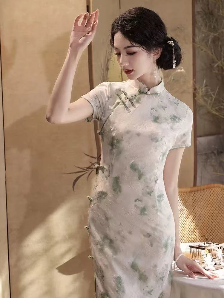 0821 绿色 【染指】 八扣 晕染 日常 旗袍