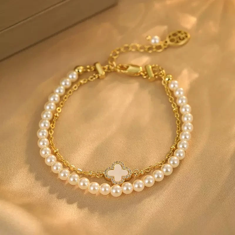 贝壳手链 【轻奢限定】四叶草双层珠珠叠戴手链