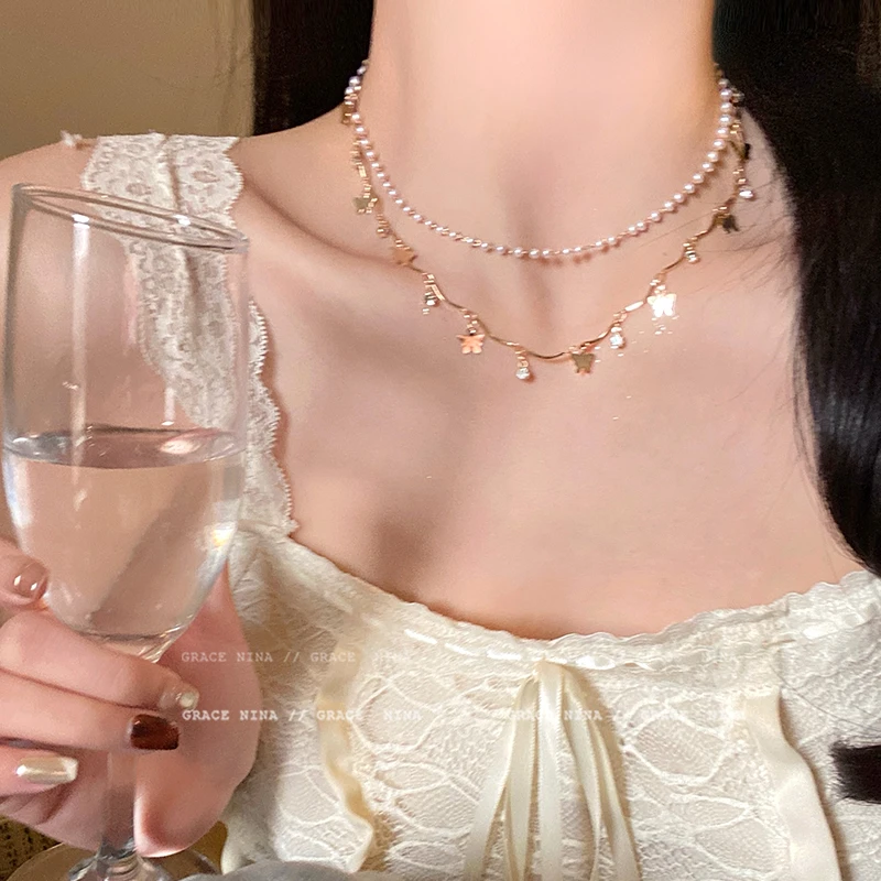 合金项链 纯欲仙女_轻奢双层蝴蝶珍珠项链小众设计高级感锁骨链女