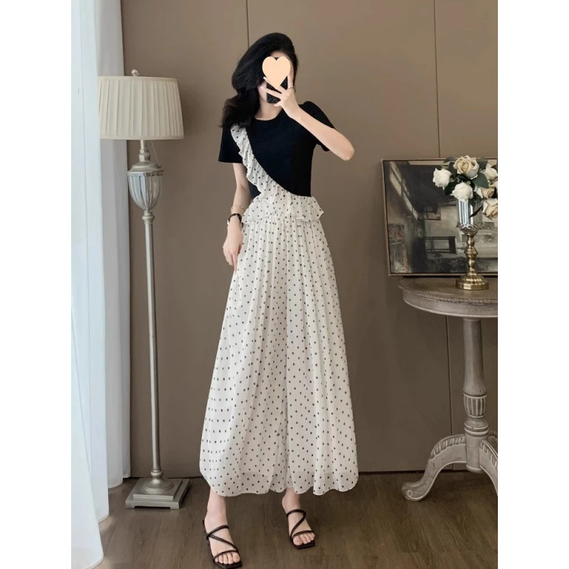 2025年夏季新款休搭女荷叶边拼接短袖波点雪纺裤裙时尚两件套