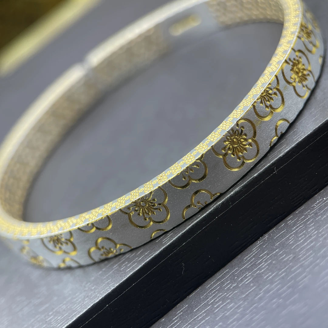 足银手镯 1号足银999.9古法描金梅花银手镯开口可调节约34克