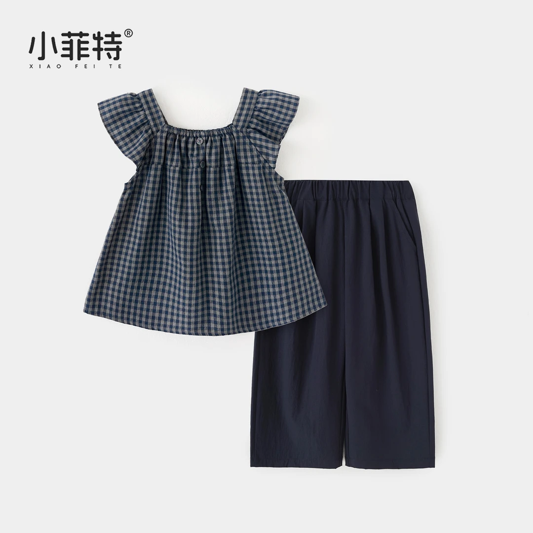 小菲特夏季新款女童套装韩版衣服小女孩格子衬衫两件套BGTX51844