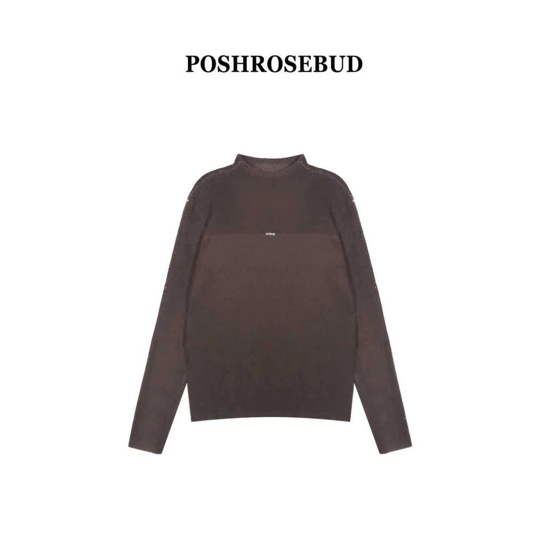 【POSHROSEBUD】半微透长袖竖条散钻小标半高领打底毛衣RJ5025