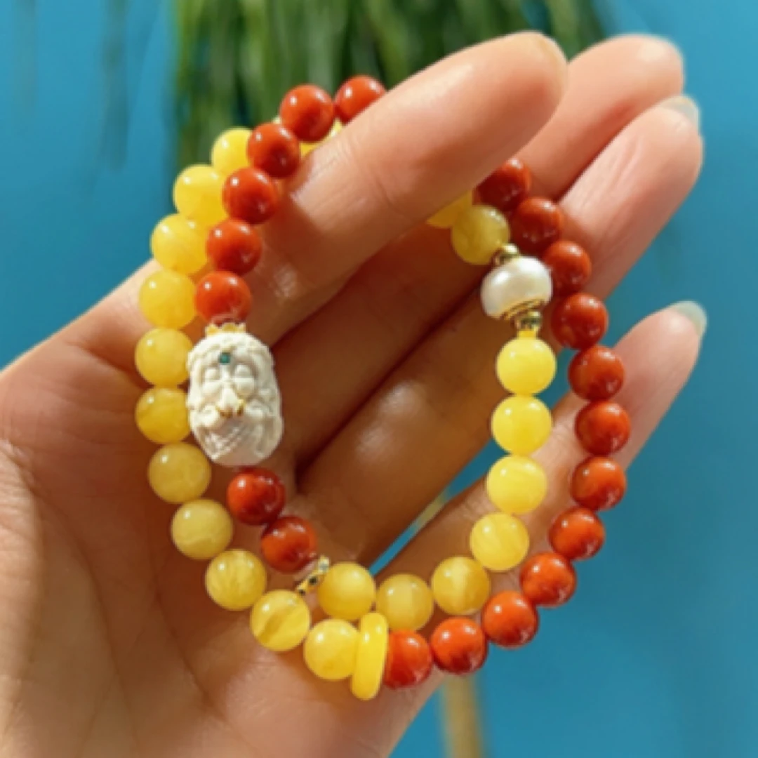 蜜蜡7m双圈手链 搭配猛犸美人鱼 俄料鸡油黄蜜蜡满蜜手链双圈手链