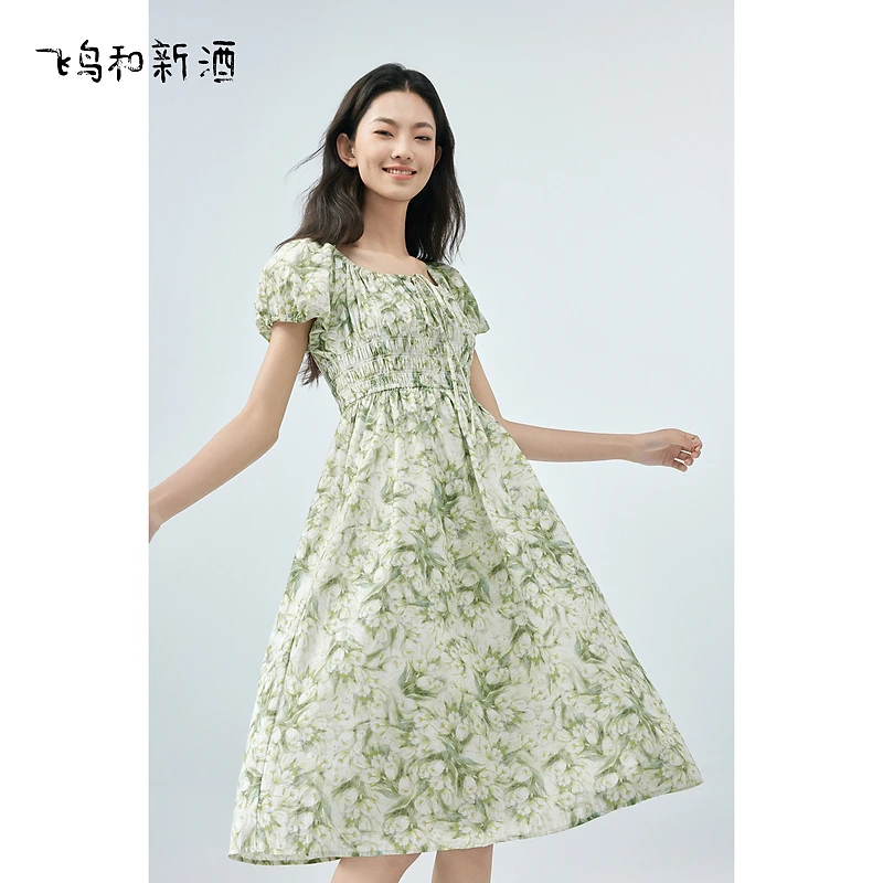 【艾钱钱】飞鸟和新酒圆领玉兰花印花设计连衣裙FA430182224