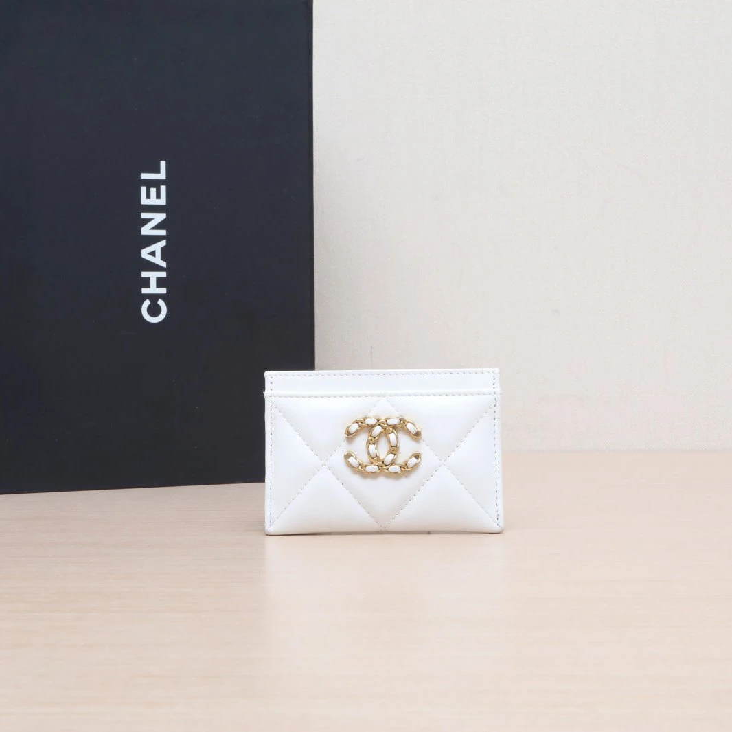 95新 Chanel/香奈儿 小花黑黑 19BAG 卡包 白色 皮革S 镭射标