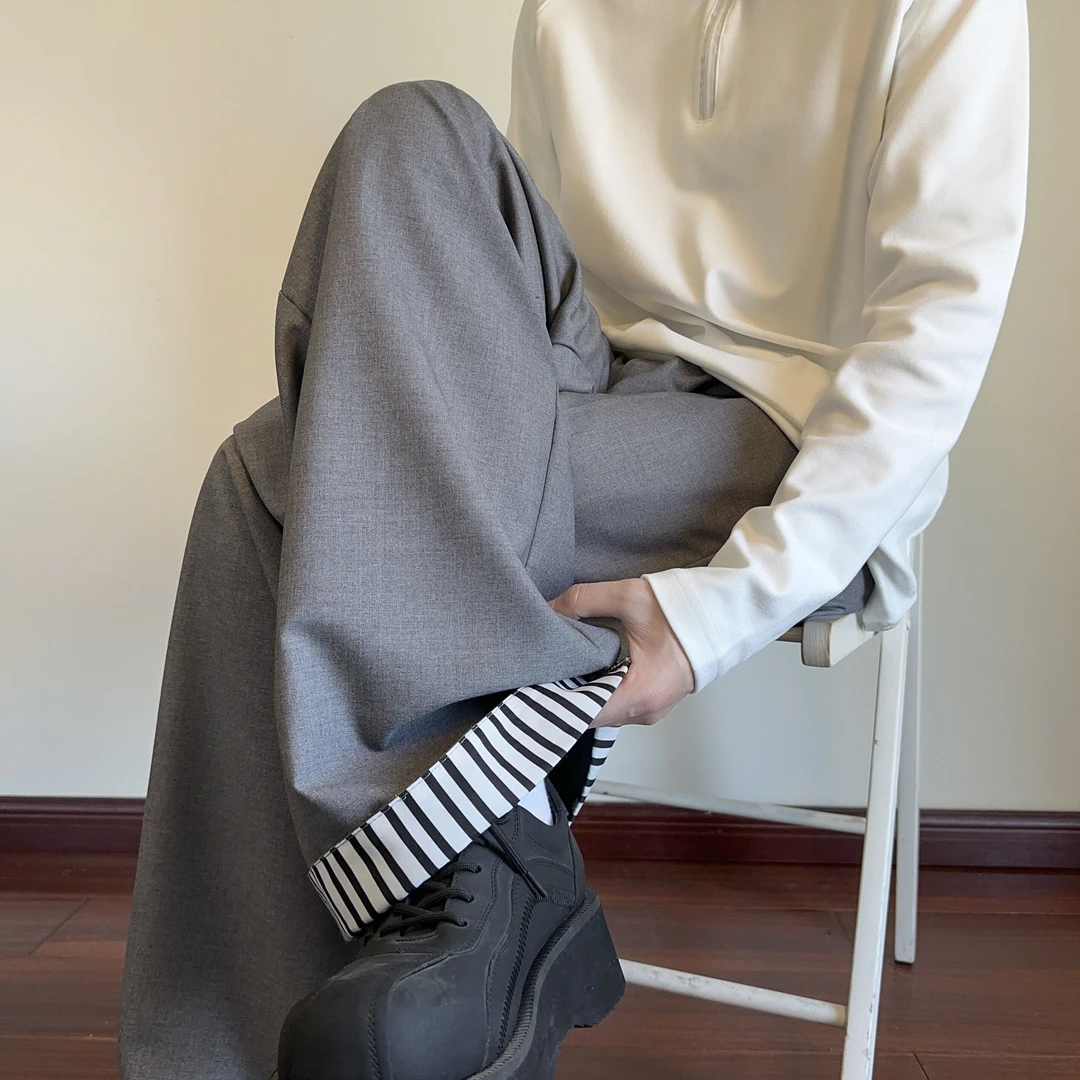 夏季新款潮流高级垂感条纹宽松休闲西裤韩版百搭直筒时尚休闲裤