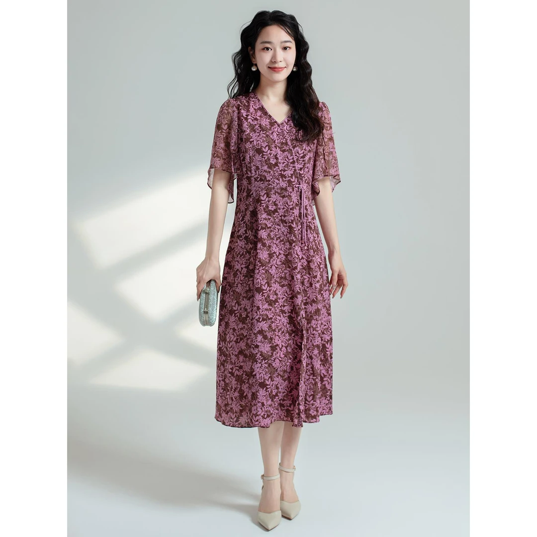 L2053夏新款时尚气质优雅碎花连衣裙女修身显瘦V领中长裙