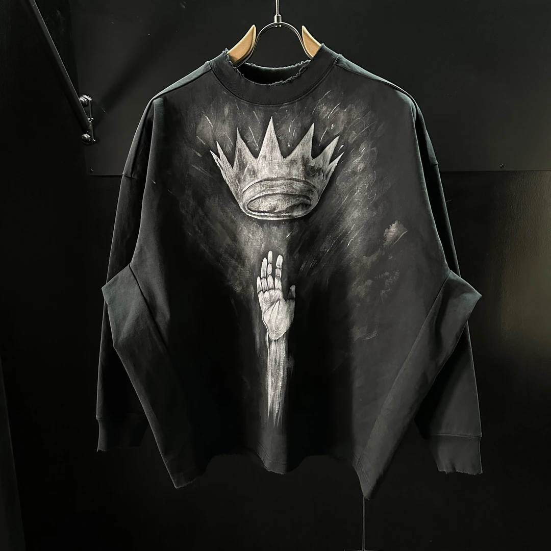 孤品专享手工绘画定制圣手冠眼暗黑风重磅洗水宽松长袖T恤