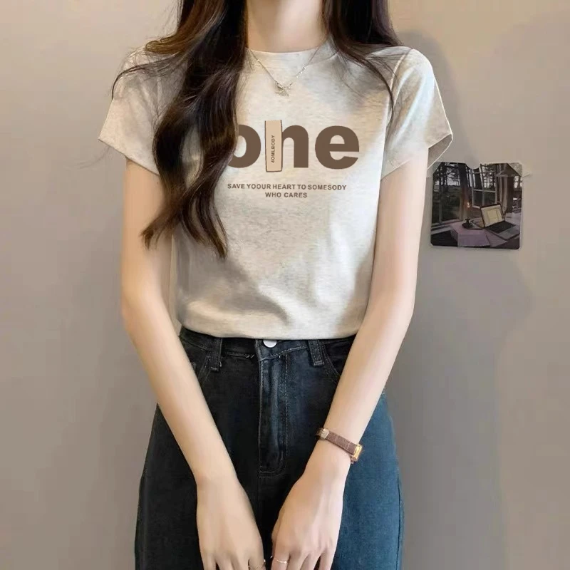 夏季薄款2025年新款正肩纯棉短袖t恤女百搭洋气灰色上衣打底衫潮