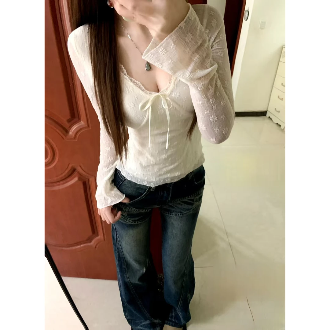 美式辣妹V领蝴蝶结长袖T恤打底衫女内搭春秋新款外穿设计感短上衣