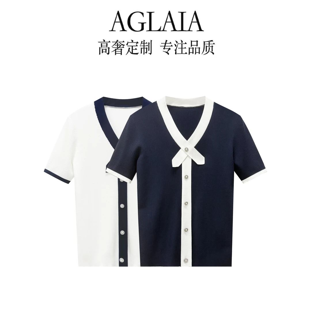 AGLAIA2025夏季高级感时髦洋气V领撞色短袖正肩针织衫女6030