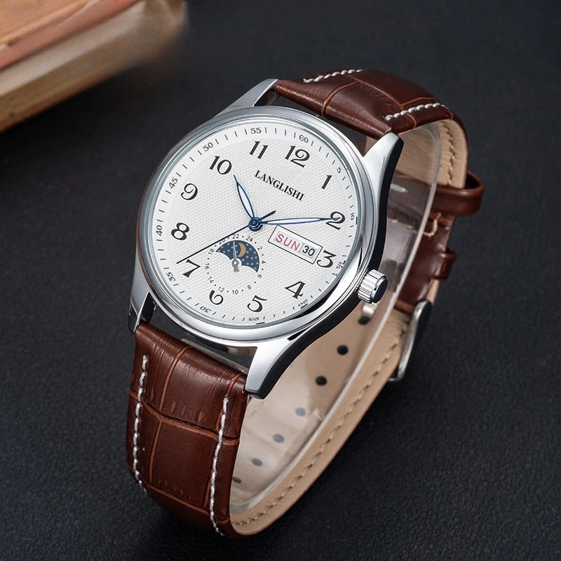 【云仓直发】男士月相面数字时尚商务棕皮蓝针手表夜光男腕表LL008