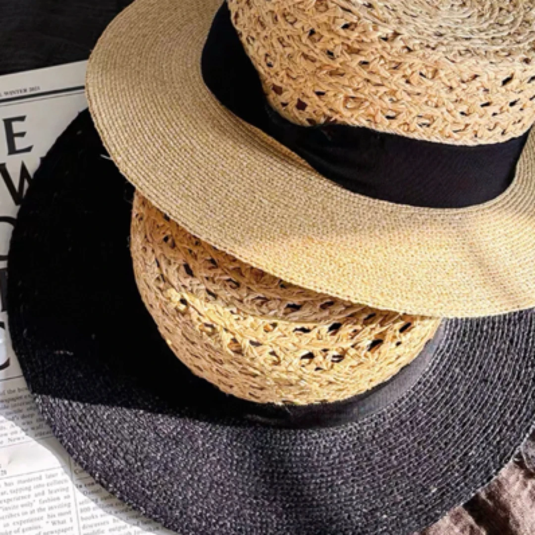 夏日系拉菲草镂空钩针平顶平沿防晒沙滩草帽子出游逛街