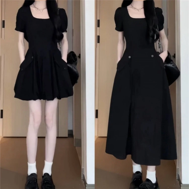 大码胖mm黑色赫本风方领收腰连衣裙女夏高级感法式遮肉显瘦小黑裙