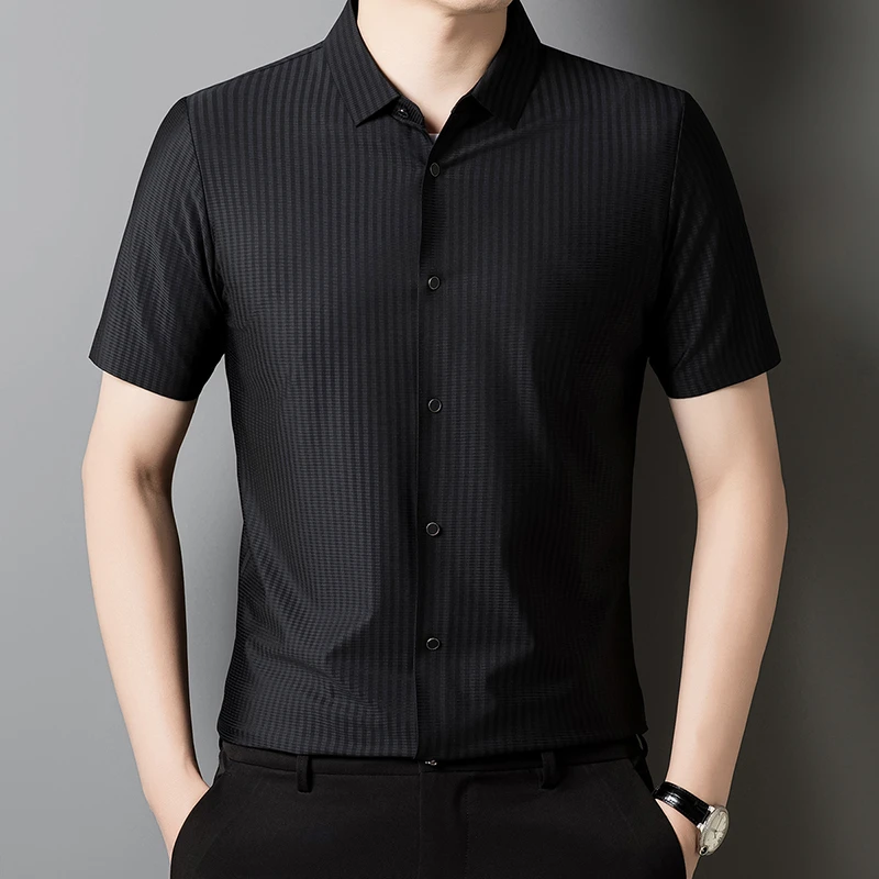 金盾2025新款轻奢男士冰丝无痕衬衫夏季薄款男提花条纹短袖衬衣