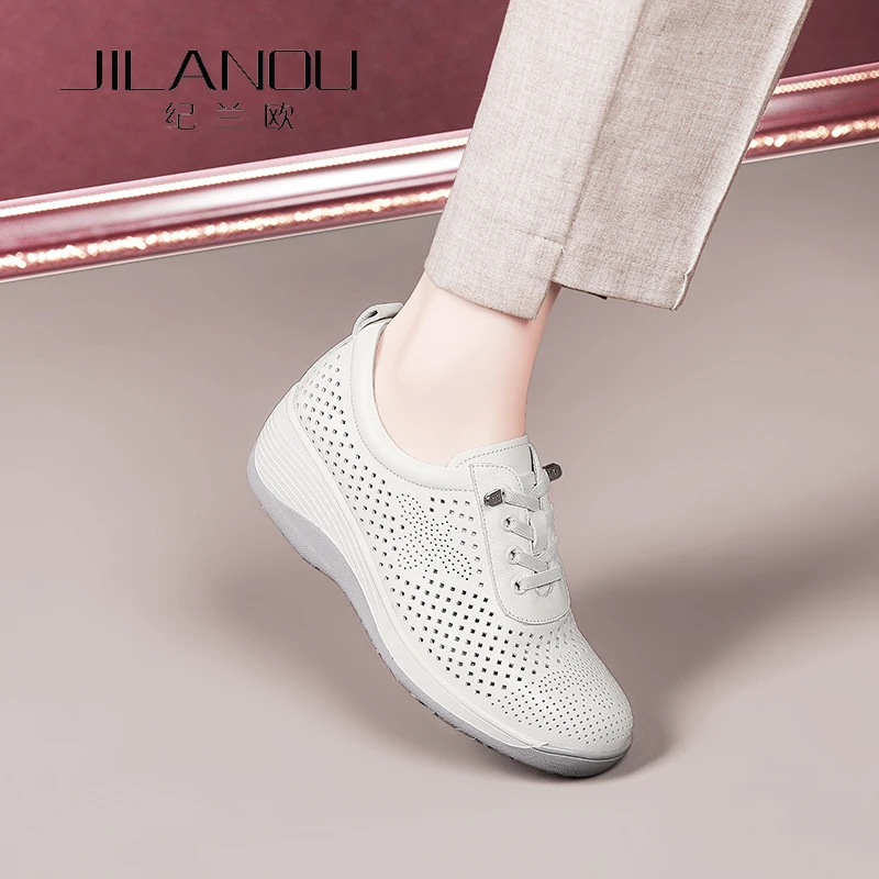 休闲镂空真皮单鞋女春夏新款软底妈妈鞋厚底牛皮透气洞洞女鞋女款