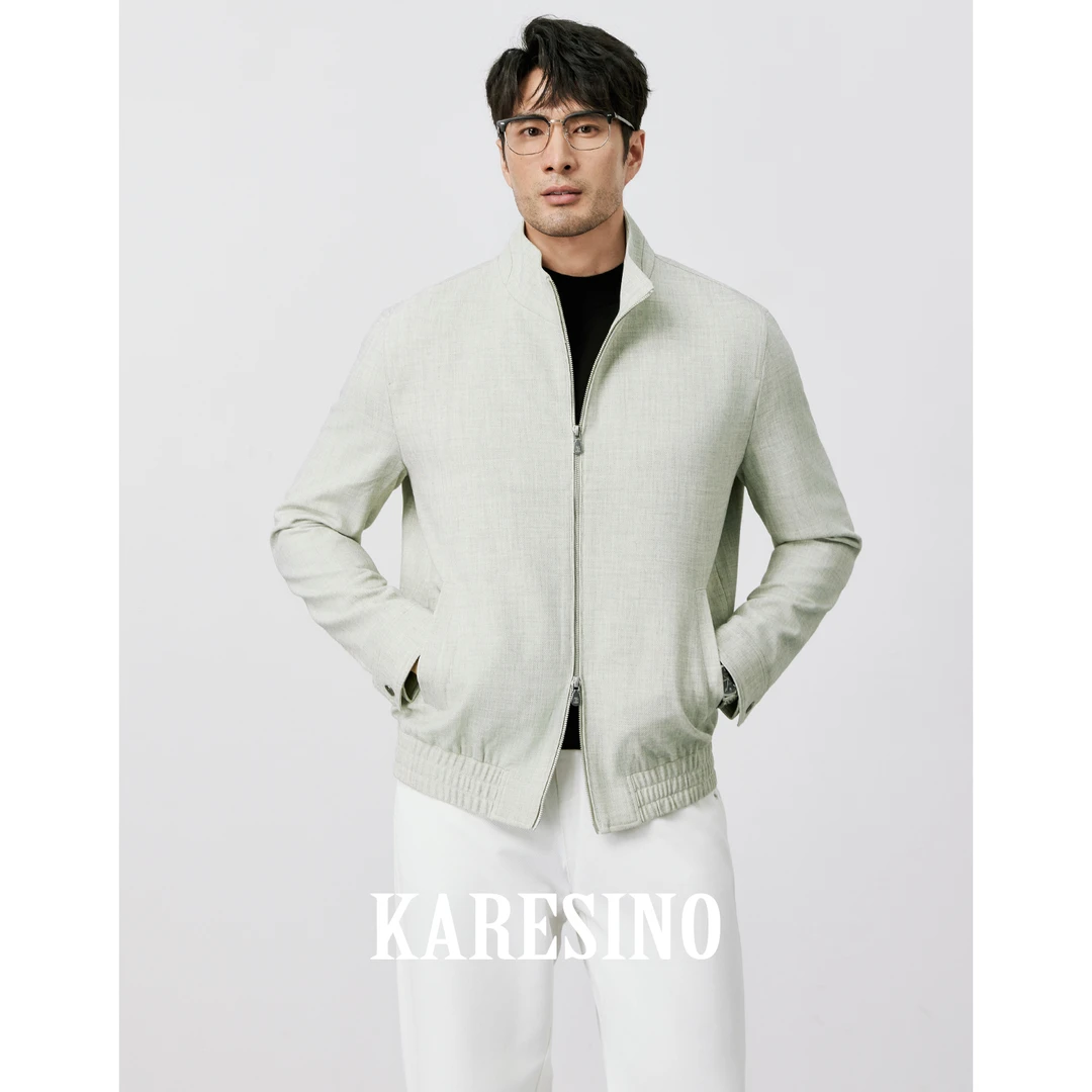 KARESINO秋季立领休闲上衣夹克衫男士翻领拉链羊毛短款夹克男外套