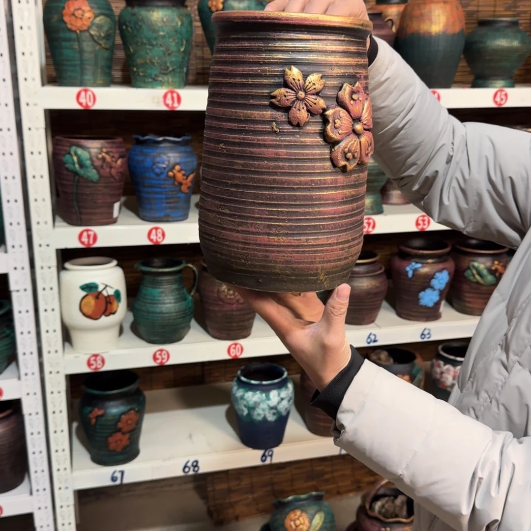 红陶红陶浮雕花盆炸炸炸