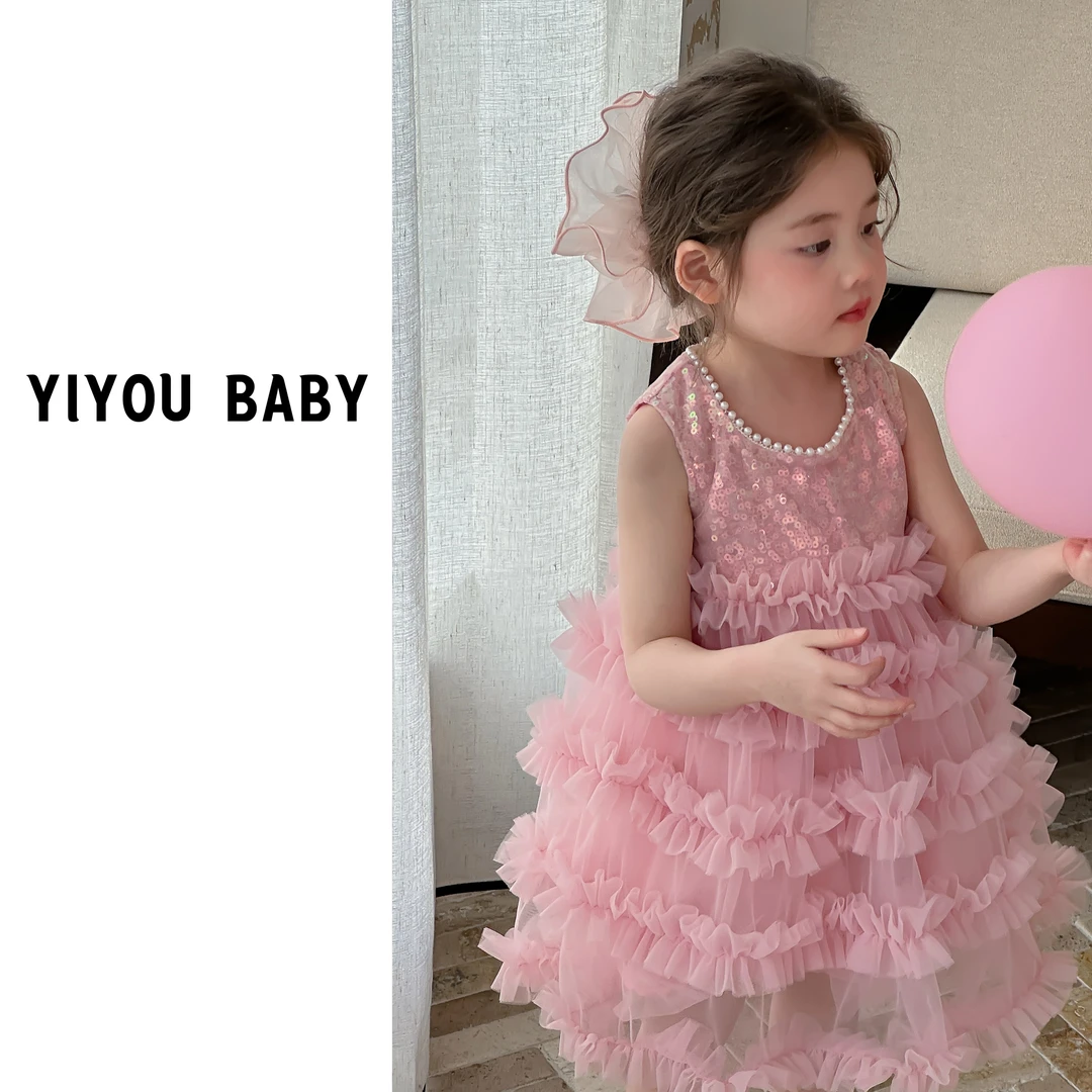 原创春夏粉色亮片珍珠女童生日周岁公主派对礼服连衣裙套装带头纱