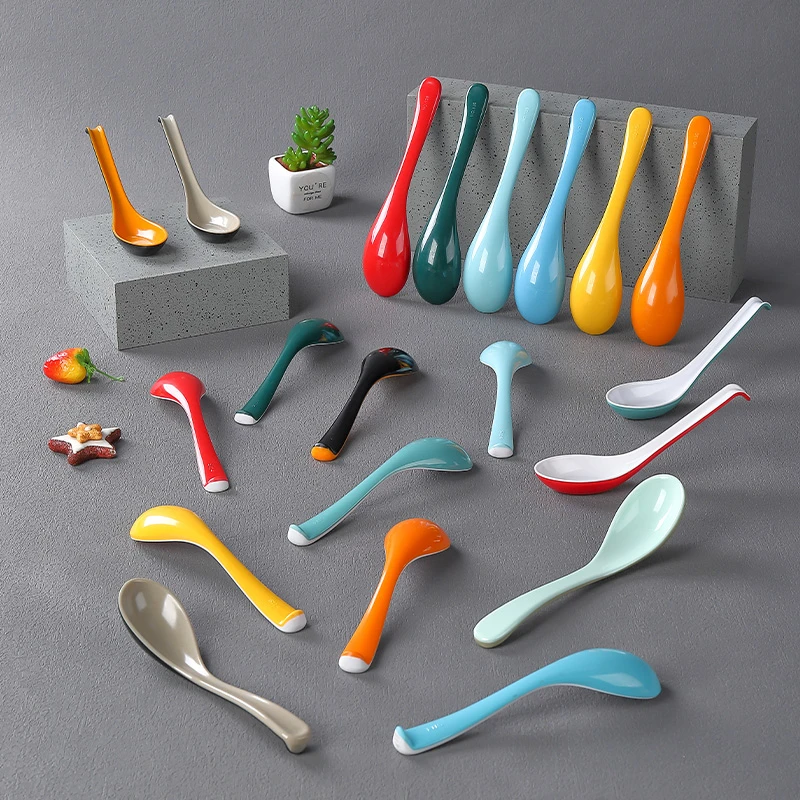 北欧风长柄勺子仿瓷餐具双色火锅店麻辣烫带钩拉面汤勺创意勺防摔