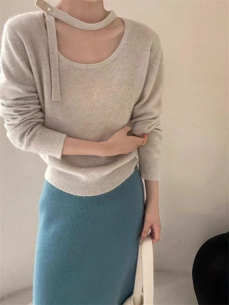 欧洲站秋季浣熊飘带纯色圆领系带长袖针织衫女宽松显瘦毛衣