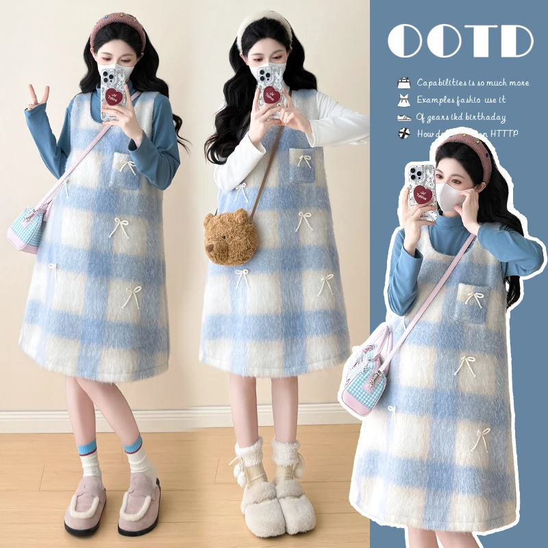 2025秋冬新款甜美格子立体蝴蝶结毛呢背心裙+打底衫孕妇两件套