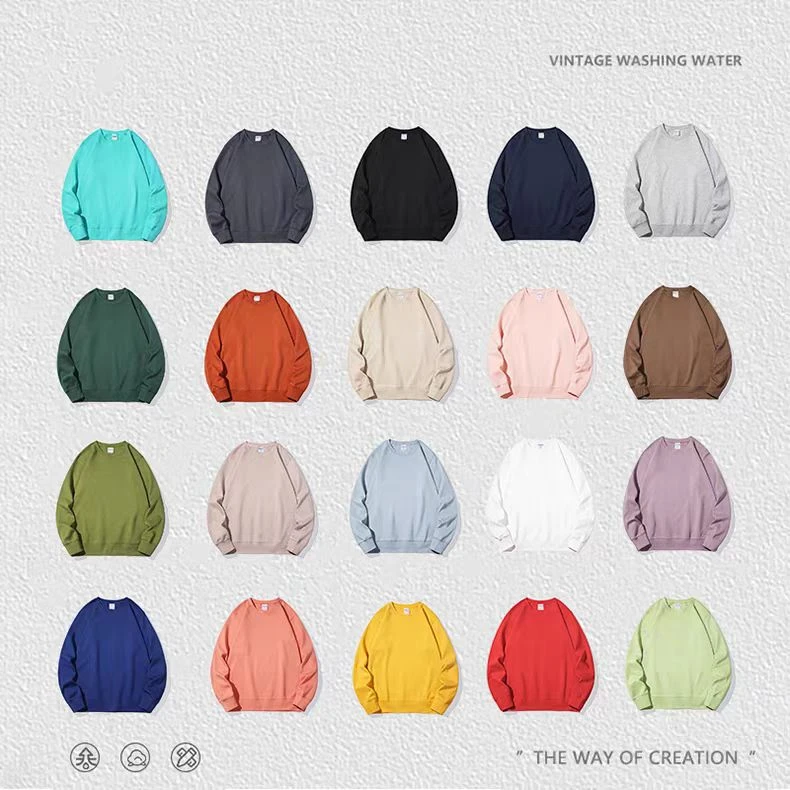 港风潮牌春秋冬纯色薄款套头圆领卫衣男潮宽松加绒情侣装净版上衣