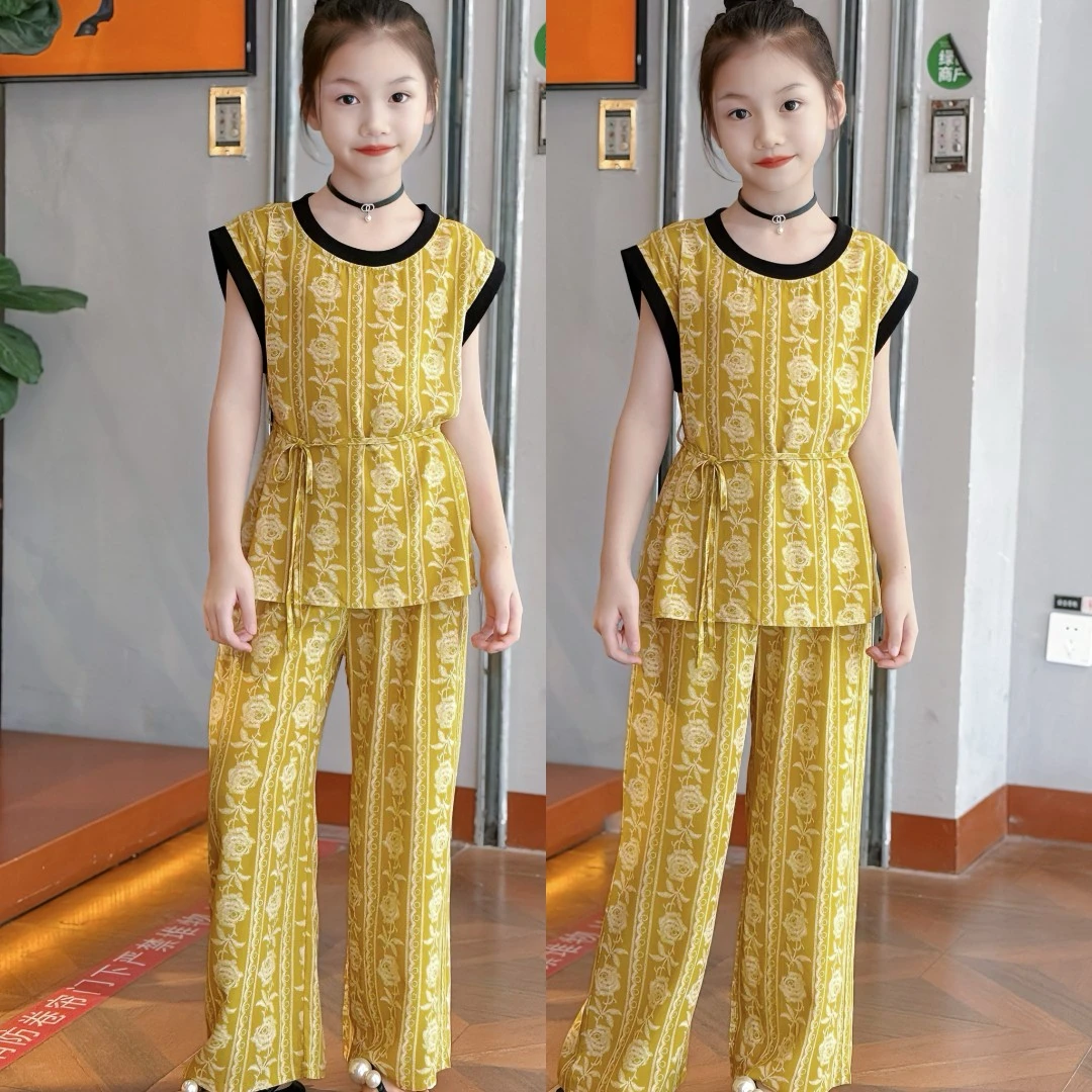 女童夏装套装棉绸新款亲子童装套装儿童洋气宽松女大童薄款两件套