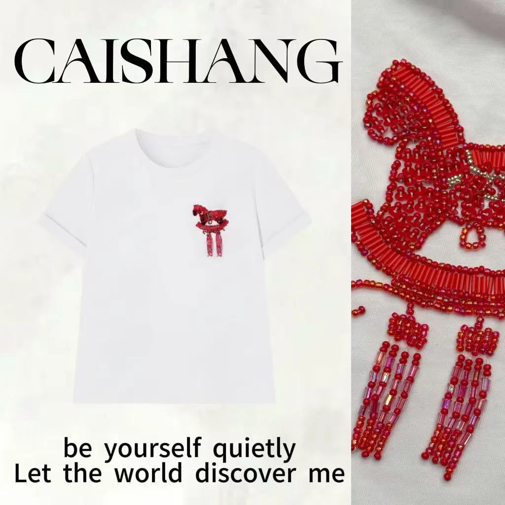 【彩裳专属】「法绣小马」网红轻奢时尚百搭休闲大气设计感短袖