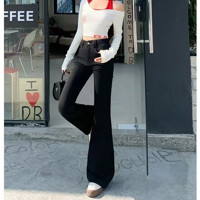 Meiky饼 #9108 韩系复古 高腰直筒弹力拖地微喇叭牛仔裤