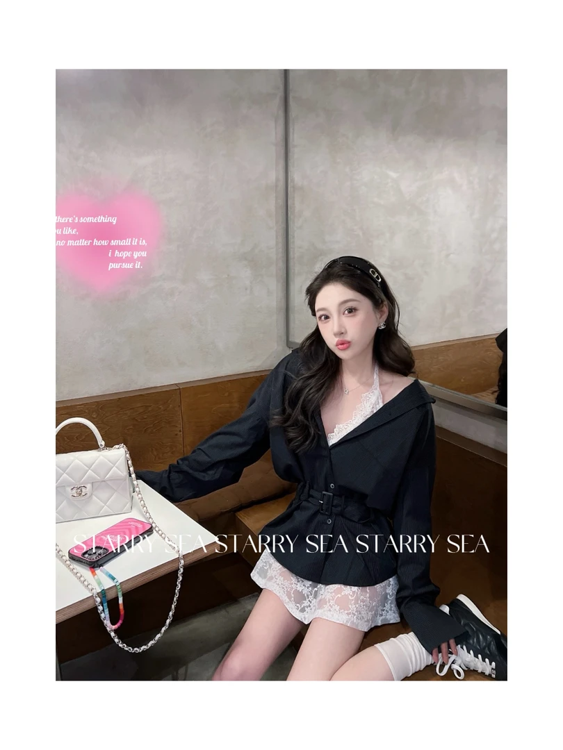 PP福利【法蕾女孩】时髦显瘦腰带条纹衬衫蕾丝吊带套装#PP0076TZ