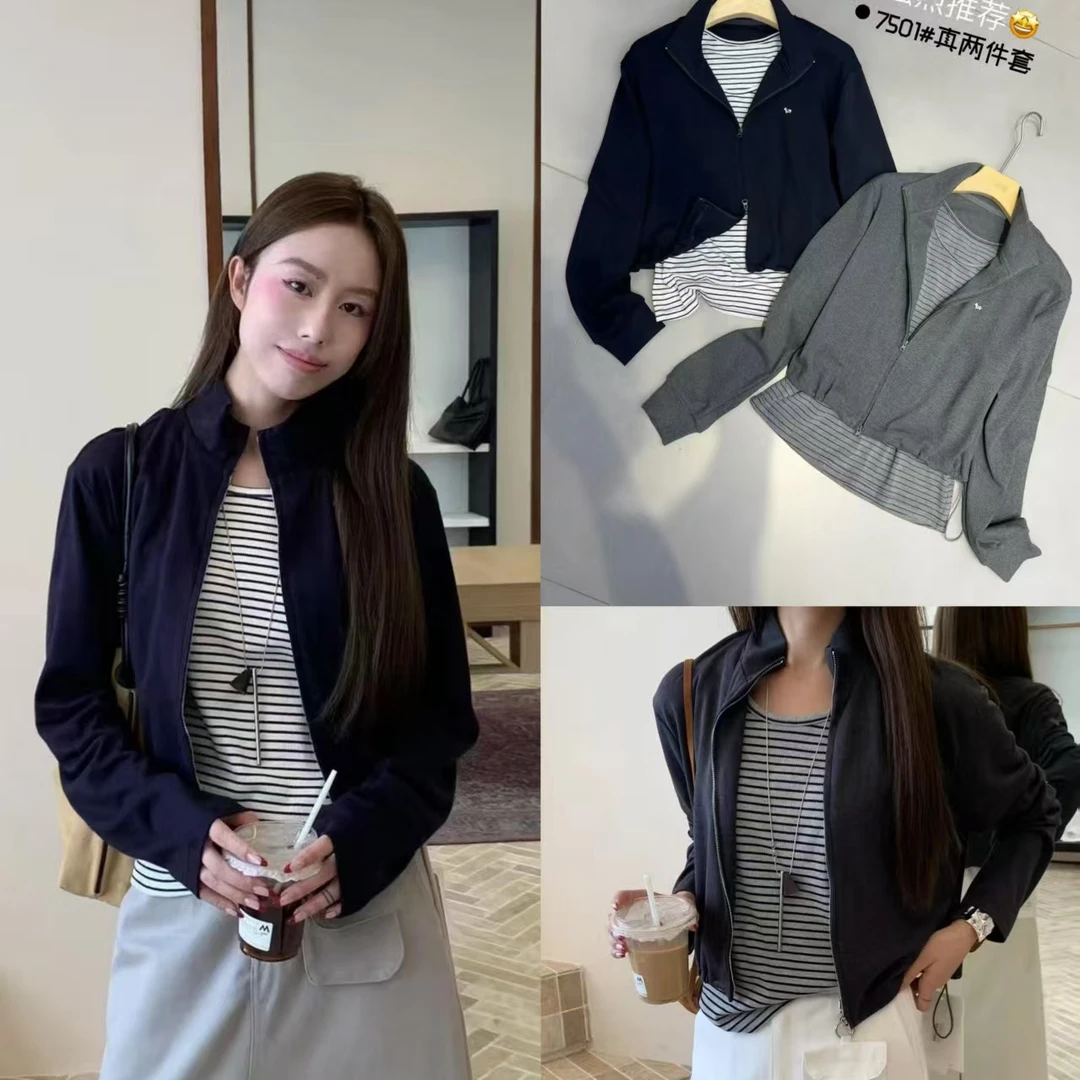 【鞋爱】7501伊歌莉秋季新款韩版宽松休闲百搭显瘦两件拼接长袖上衣