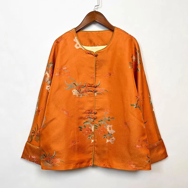 山石牡丹正襟盘扣橘色非遗新中式国风秋冬款女士宋锦外套
