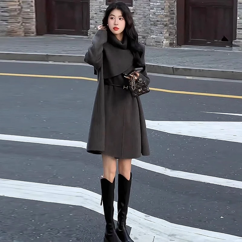 拉夏贝尔毛呢气质外套女2025秋季新款洋气高级感韩版中长款大衣女