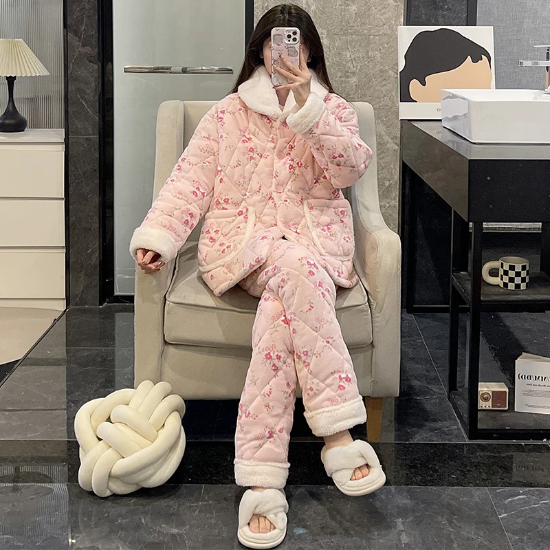 睡衣女秋冬季珊瑚绒夹棉三层加厚保暖法兰绒粉色ins风家居服套装