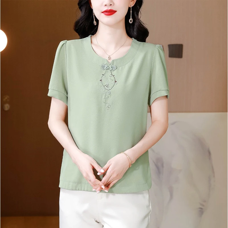 dydd3118妈妈装T恤女2025新款时尚气质纯色刺绣中国风圆领小衫