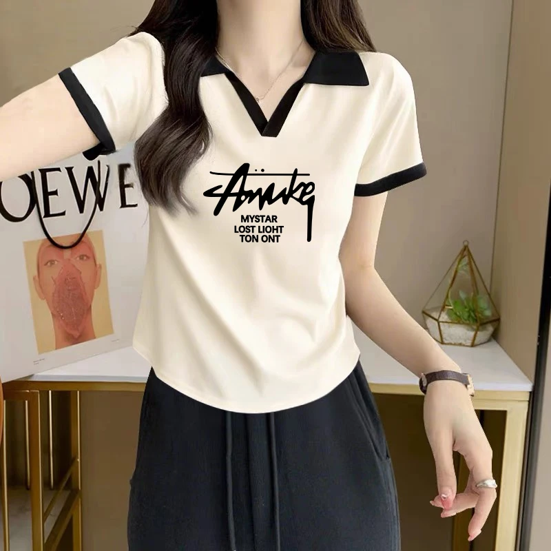 大码polo衫正肩V领百搭短袖T恤女夏季衣服小个子修身显瘦撞色上衣