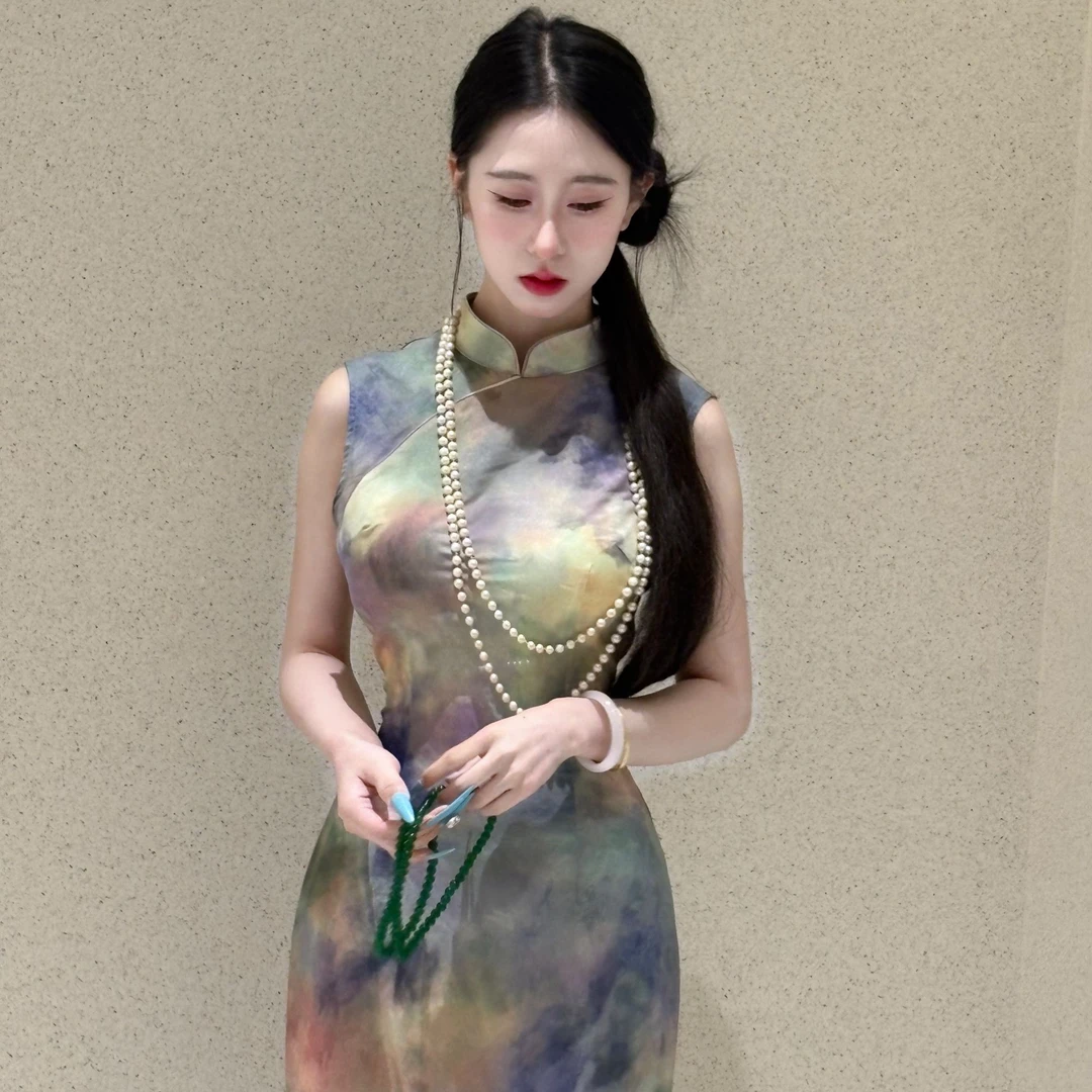 画报夫人原创自制晕染改良新中式国风旗袍 港工夕阳西下