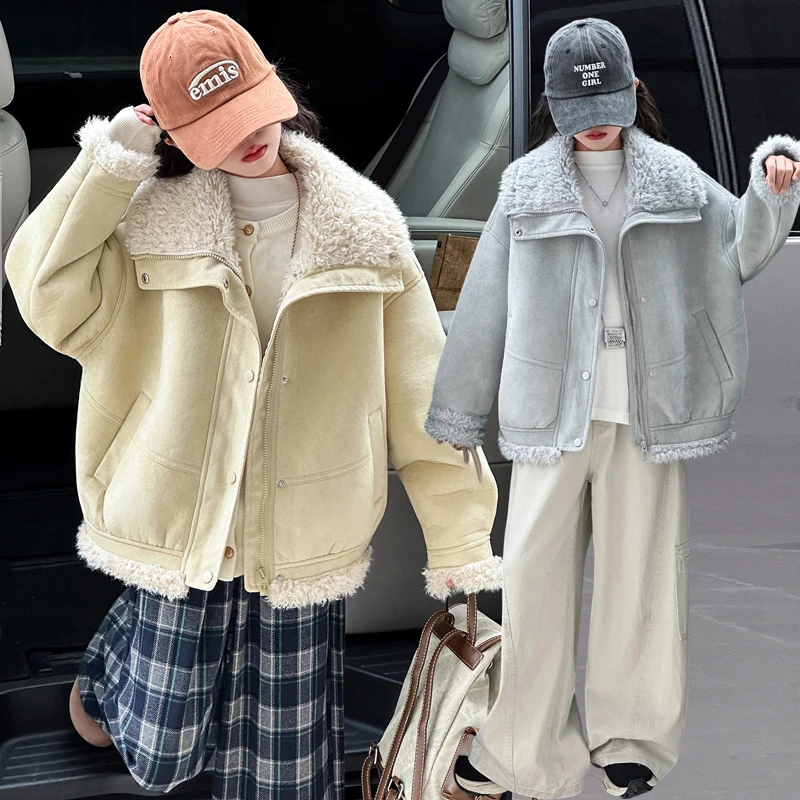 女童加绒加厚外套2025冬季新款时尚洋气毛毛衣服翻领夹克年服外套