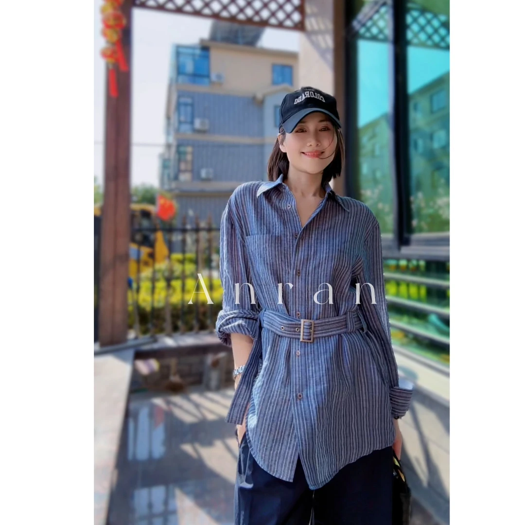 安然【蓝白衬衫】韩系休闲百搭蓝白竖条衬衫慵懒宽松春夏季新款3385