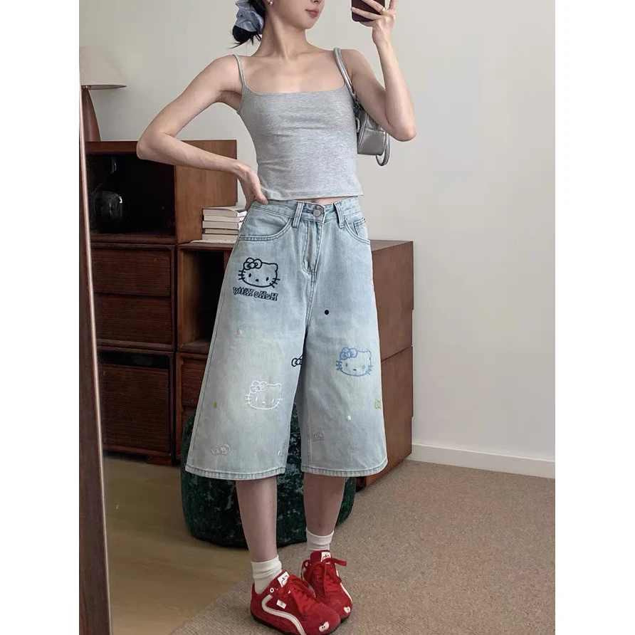 复古水洗直筒宽松七分牛仔裤女夏季新款kitty头刺绣设计感百搭裤