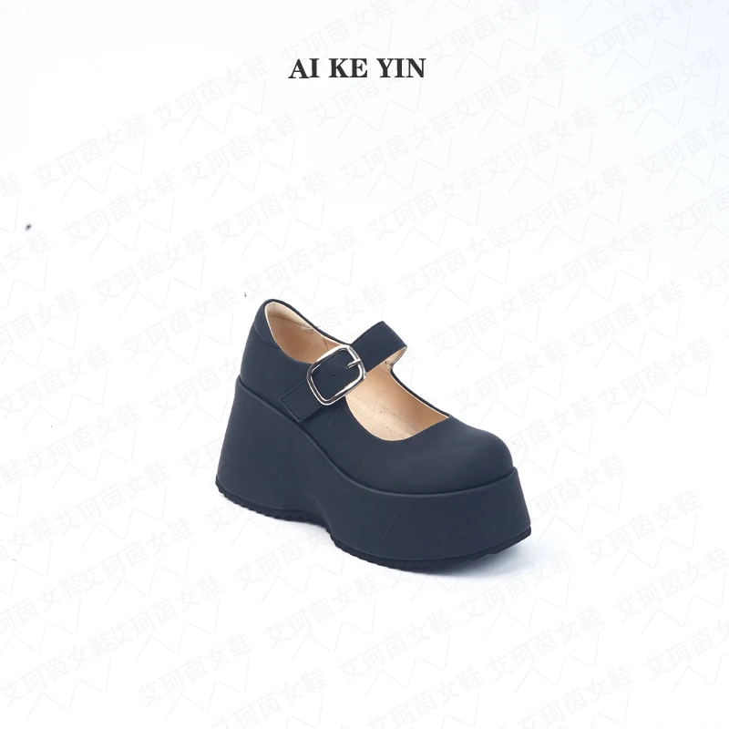 【艾珂茵】春夏新款圆头厚底一字带金属扣气质百搭坡跟高跟鞋时尚