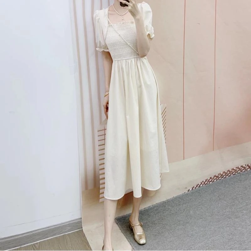 C4清/965夏季时尚气质淑女法式风珍珠短袖连衣裙