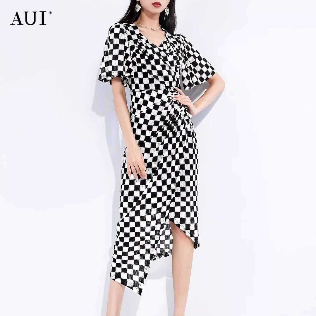 【诗语专属】AUI气质女人味格子连衣裙收腰包臀针织裙-22F010893