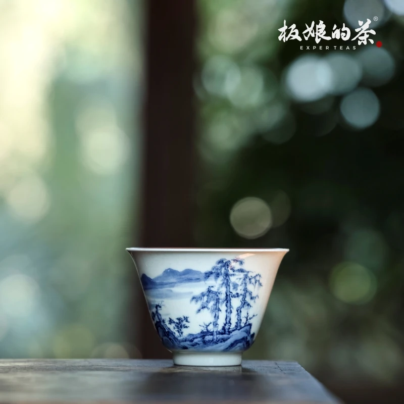 板娘的茶景德镇全手绘雨香斋宫墙红青花山水仰钟杯50ml