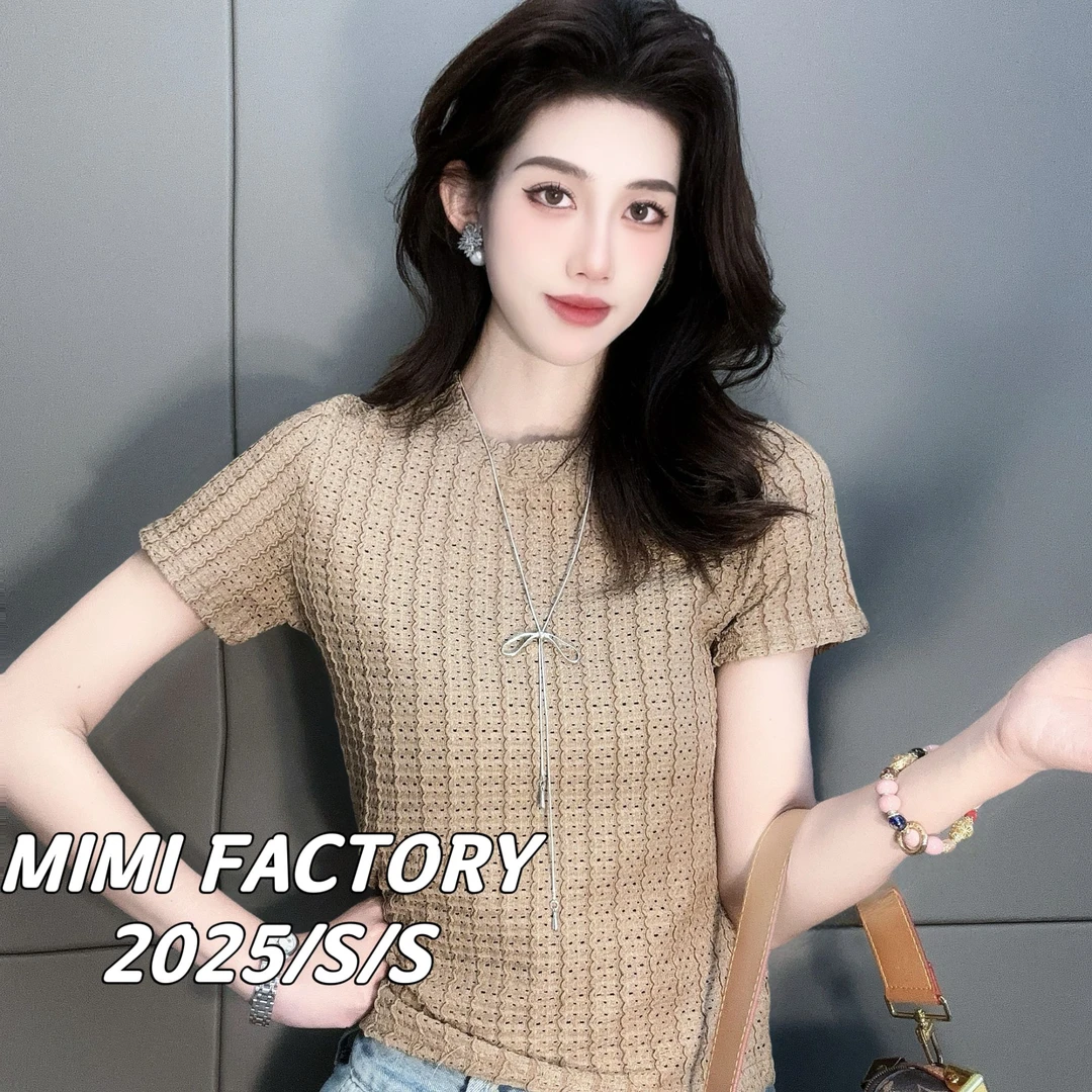 芈芈2025夏季新款 法式别致镂空设计显瘦短袖T恤女百搭上衣4578#