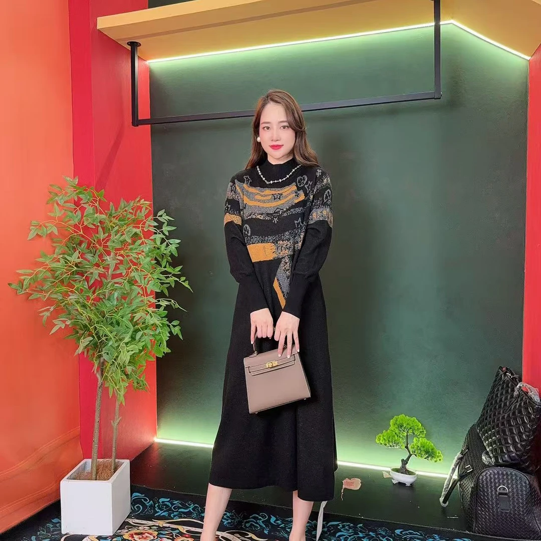 10293多金大码气质减龄长款A字裙子春秋季设计长袖连衣裙女